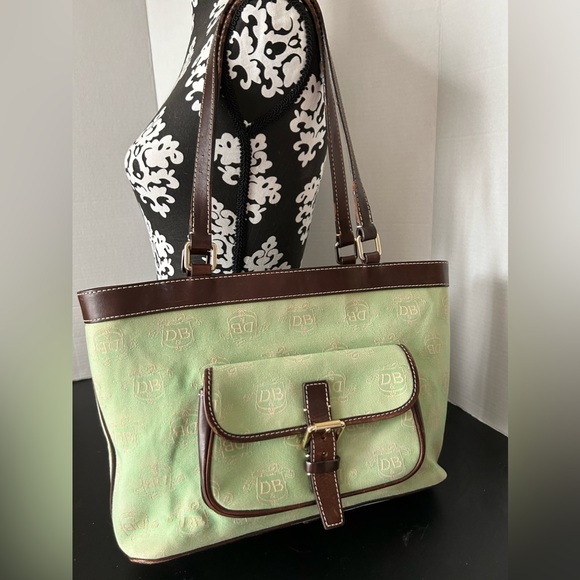 Vintage Dooney & Bourke Shoulder Tote Bag Green Canvas Vachetta Leather … - Picture 11 of 13